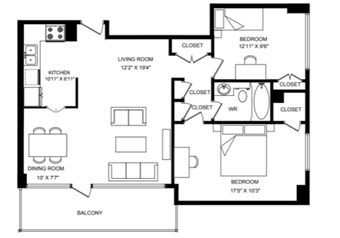 Floor plan for 2 beds, 1.5 baths, 1092 sqft